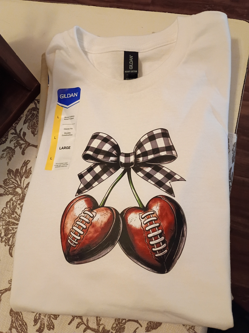 Gildan White Short Sleeve Tee with Football-Cherry Heart Graphic and Gingham Bow